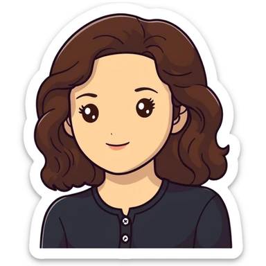 27 year old Caucasian woman with fair skin, brown eyes, long wavy dark brown hair, wearing a black top with a button sticker