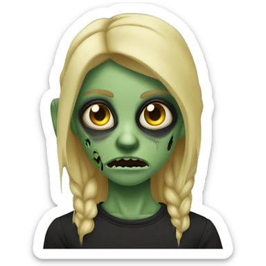 blonde zombie, greenish skin, scars, scary eyes, black t-shirt sticker