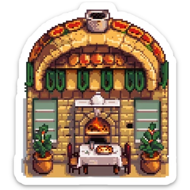 Italian restaurant with pizza oven visible through window, warm colors in pixel art style sticker