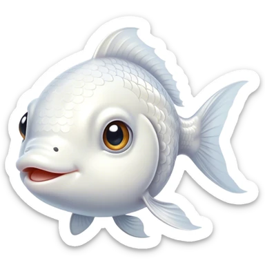 Cinematic Cute White Goldfish Portrait Emoji, Head tilted playfully and inquisitively, featuring a glossy, pure white body with delicate, shimmering scales and round, sparkling pale eyes filled with curiosity, Simplified yet irresistibly adorable features, highly detailed, glowing with a warm, friendly glow, high shine, affectionate and lively, stylized with a touch of whimsy, bright and endearing, soft glowing outline, capturing the essence of a mischievous yet loving goldfish, so playful it feels like it could swim out of the screen and into your heart! sticker