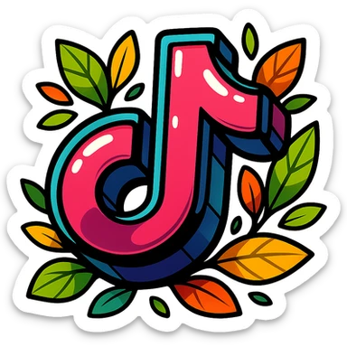 chunky, playful TikTok logo, vibrant toon style, bold cartoon outline, dramatic shadows, glossy highlights, surrounded by bright leaves, no background sticker