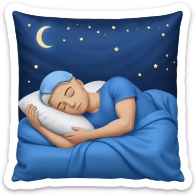 A young muscular male with short dark-blonde hair and medium-light skin, wearing blue cloth. He sleeps on his side, holding a soft white pillow, his head on a smooth blue pillow. A sleeping symbol floats above him in the dark, nighttime scene. A flowing blue blanket with silky folds covers him. sticker