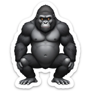 cinematic-friendly relaxed gorilla-realistic-full-body-crouched on all fours on knuckles-emoji,-poised-with-confidence,-massive-arms-hanging-slightly-forward,-head-tilted-thoughtfully,-thick-black-fur,-deep-dark-eyes-full-of-intelligence,-simplified-yet-realistic sticker