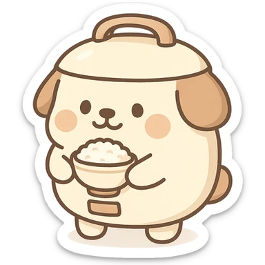 cute dog shaped like a rice cooker, round belly, holding a rice bowl, soft cream and brown colors, full-body sticker