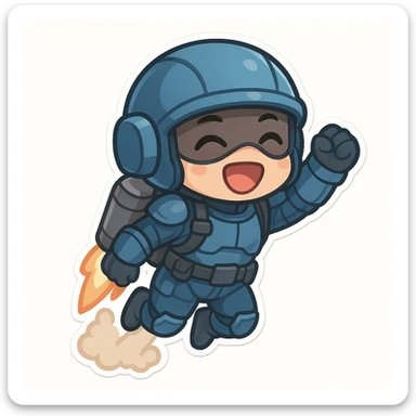 chibi sticker of a sci-fi soldier in a mostly blue uniform, jumping with a jetpack, excited expression, white background sticker