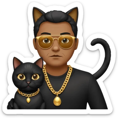Freaky Larry is a cat with a gold chain and sunglasses standing behind a scared man with no facial hair. Make sure the cat is black sticker