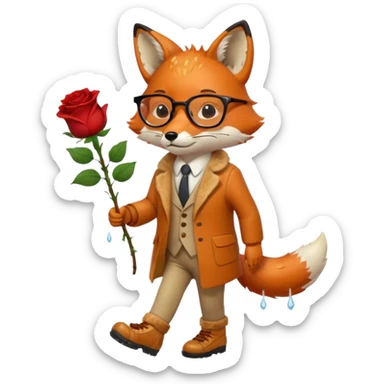 a fox with glasses, walking with shoes on and raining on him, also a dead rose in his hands and he's sad sticker
