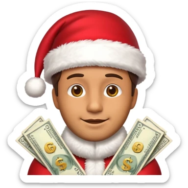 A confident rich emoji face wearing a Santa hat, money stacks, casino vibe, New Year theme, premium 3D emoji style, sharp details, no t sticker