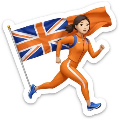asian woman in orange sport suit and holding uk flag on the back, running sticker