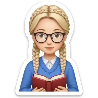 A student, girl, braid hair, wearing glasses, hold book in front of their chest sticker