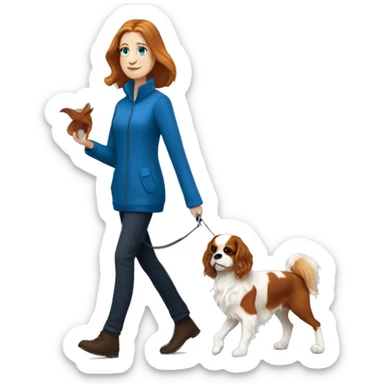 A white woman with blue eyes walks with a cavalier King Charles spaniel sticker