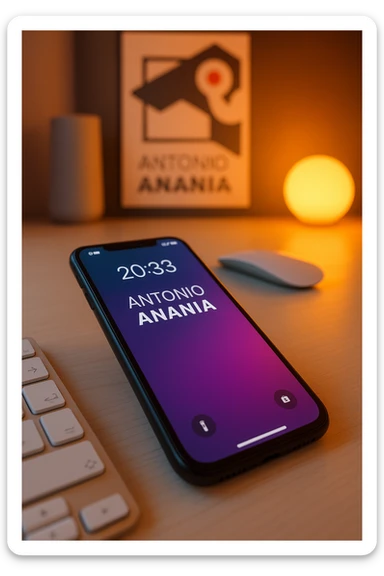 A photo of an iPhone on the desk with the message "Antonio Anania" on its screen, The phone sits atop a desk with a blurred background that suggests work environment. A faint glow from above casts gentle shadows across the surface of each object, creating depth and highlighting their textures sticker