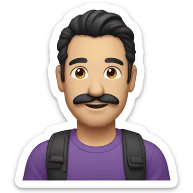 a man with long dark hair in a ponytail and a mustache shows a thumbs up, purple T-shirt and brown eyes sticker