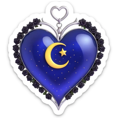 gothic heart made of midnight blue glass with a silver crescent moon, tiny black roses, shimmering stardust, metallic chrome shine sticker