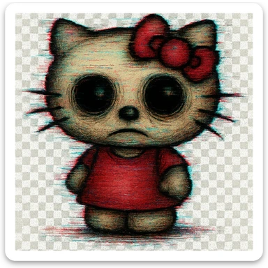 Add a digital glitch effect to the image while keeping the uncanny and unsettling vibe. Remove the background entirely for a clean isolated subject. sticker