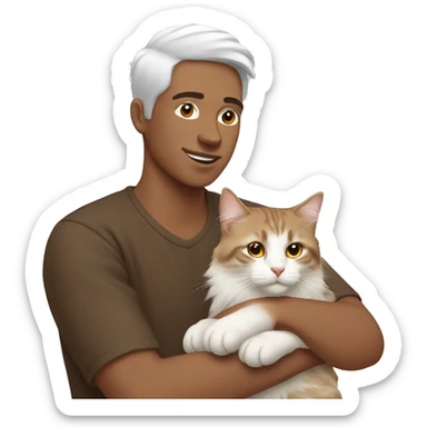 man with brown holding a white Siberian cat sticker