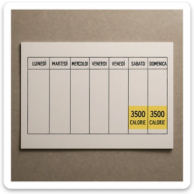 Hyperrealistic top-down view of a weekly calendar in Italian, showing days from Monday to Sunday. Only Saturday and Sunday have the text '3500 calorie' highlighted with a yellow background below, with no red circle on Friday. 4K details, desk atmosphere. sticker