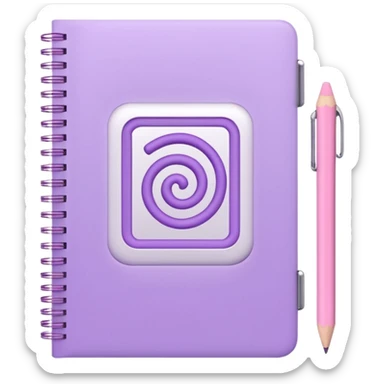 spiral notebook in soft purple, white 'schedule' text on cover, soft pink pencil placed on it, iOS emoji style sticker