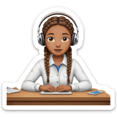 realistic brown skinned female with braids sitting at a desk with headphones on sticker