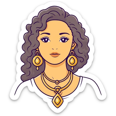 attractive Greek woman with long curly hair and light skin wearing gold Greek jewelry sticker