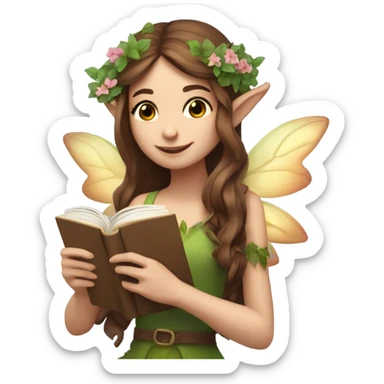 Female forest fairy, wings, pointed elf ears, long brown hair, reading, stack of books, vines, flowers sticker