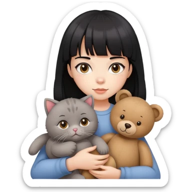 A girl with black hair with bangs and a white face is holding a British gray cat and a brown teddy bear sticker