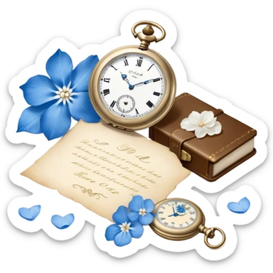 An elegant still life of a vintage pocket watch with an engraved case, lying next to a faded love letter sealed with a pearl wax stamp, surrounded by delicate white and blue floral petals.
 sticker