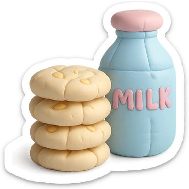 a cushion style stack of cookies next to a bottle of milk, cozy and rounded, pastel colors sticker