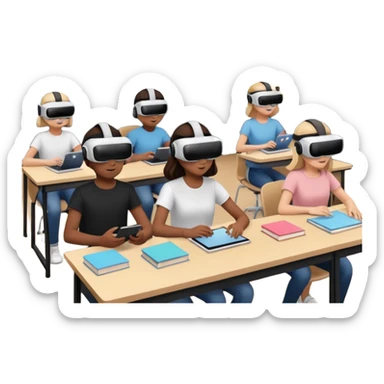 Birdseye view of large study space with students working separately add students wearing Virtual reality headsets sticker