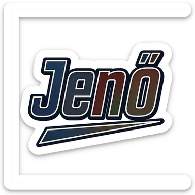Text image of the name 'Jenő' in a masculine, modern, gradient font with precise Hungarian characters, dark contour, prominent and clearly visible white border as in sample images, dynamic slanted underline, masculine color shades including blue, gray, burgundy, green, and brown, 1000x1000 px, PNG, transparent background. sticker