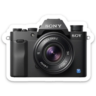 Ultra minimal black camera with 'Sony' text on top, basic camera shape with tiny lens, Sony branding visible sticker