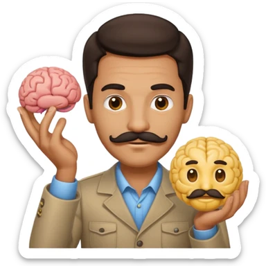 mustachioed man with dark hair holding a brain as an emoji no curl to mustache  sticker