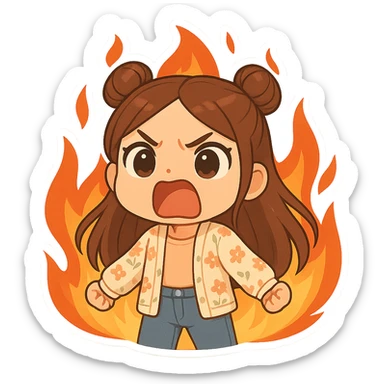 Create a chibi sticker of the girl from the reference image. She has brown straight hair styled in double buns, brown eyes, wearing a pastel floral cardigan and jeans. She is screaming angrily, surrounded by flames. The sticker should have a white outline and a transparent background, sized 512x512px. sticker