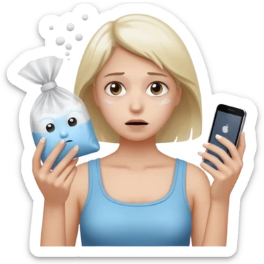 she's anxious , has a transparent tiny pastic bag full of white powder, and her phone in the other hand sticker