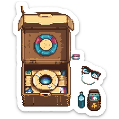 An open box containing a protective amulet from mom, a vinyl record from a friend, bandages, and glasses sticker