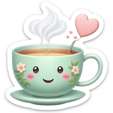 Cute Kawaii Tea Cup, steaming with warmth, a charming smiling face, soft pastel tones, delicate floral patterns, a tiny heart-shaped tea bag tag, cozy and inviting! sticker