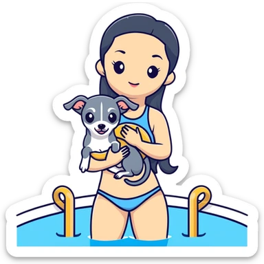 Slim Chinese woman with long black hair in appropriate pool attire at an indoor swimming pool with her Italian greyhound that is COMPLETELY solid grey, with absolutely NO white markings anywhere, single uniform grey color throughout entire dog body sticker