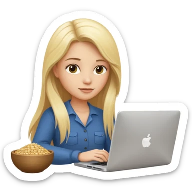 a blondie woman with long hair working with a computer laptop and a grains vessel around sticker
