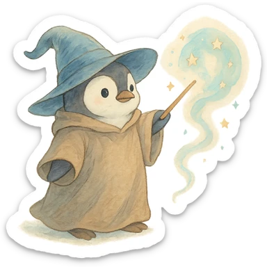ghibli style penguin wizard casting a spell, soft colors sticker