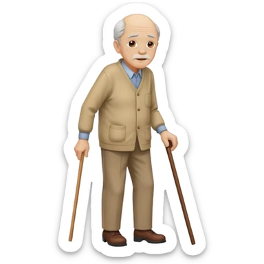 An old men leaning on a single cane walking with the other hand on his back to express back pain sticker