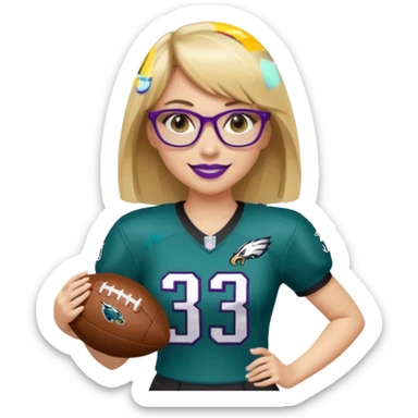 full length women wearing eagles uniform, medium blonde hair, straight across bangs, black glasses, holding football, number 33, smiling, purple lipstick sticker