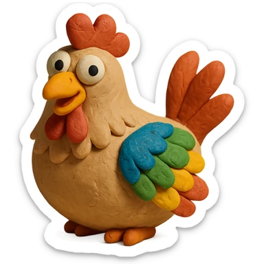 hen with colorful feathers and playful expression in claymation style sticker
