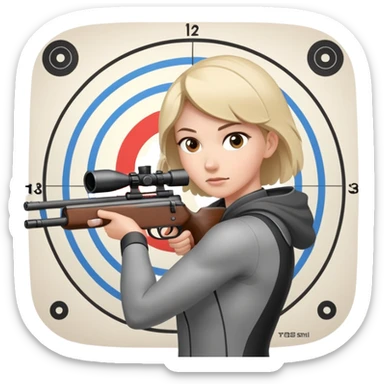 An athlete in shooting stance, focused on the target, holding a precision rifle. The background features a shooting range with targets set at various distances, highlighting control, concentration, and accuracy in the sport of competitive shooting. sticker