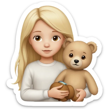 Blonde little girl, long hair, white long sleeve, with beige bear sticker