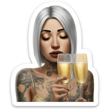 Hyper Realistic Beautiful tattooed woman crying sadly holding champagne  sticker