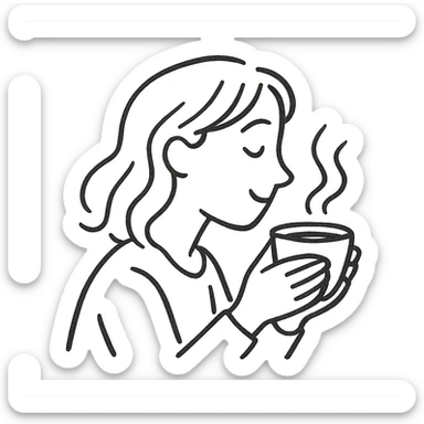 casual pen sketch style emoji: woman in profile with a gentle smile, both hands around a steaming coffee cup, minimalistic lines, mostly black and white, cozy and peaceful vibe, expressive face sticker