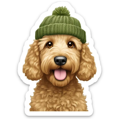 Mini goldendoodle in olive green winter hat  sticker