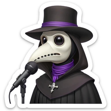 plague doctor wearing black dress, violet background, professional microphone sticker