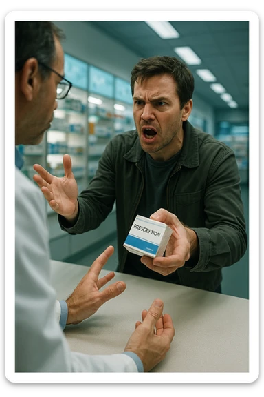 Cinematic Frustrated man at pharmacy counter demanding immediate pain relief medication, expression of impatience wanting instant symptom elimination, ignoring pharmacist's questions about underlying causes, grabbing prescription bottle eagerly, symptom suppression taking priority over healing, modern medicine aisle promising quick fixes for complex health problems" in italiano sticker
