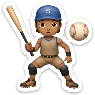 Wood log with arms and legs, holding a baseball bat sticker